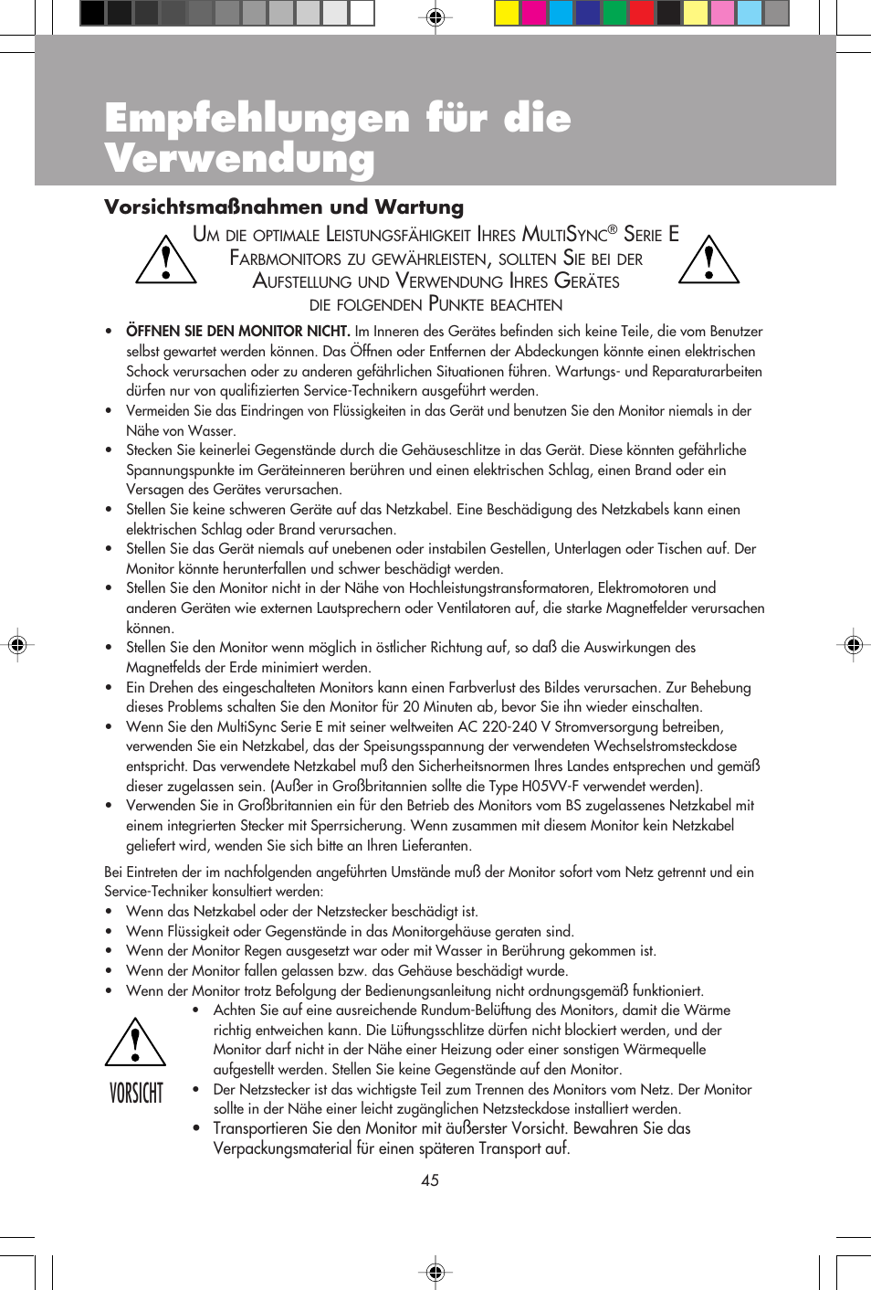 Empfehlungen für die verwendung, Vorsicht | NEC E750 User Manual | Page 47 / 60