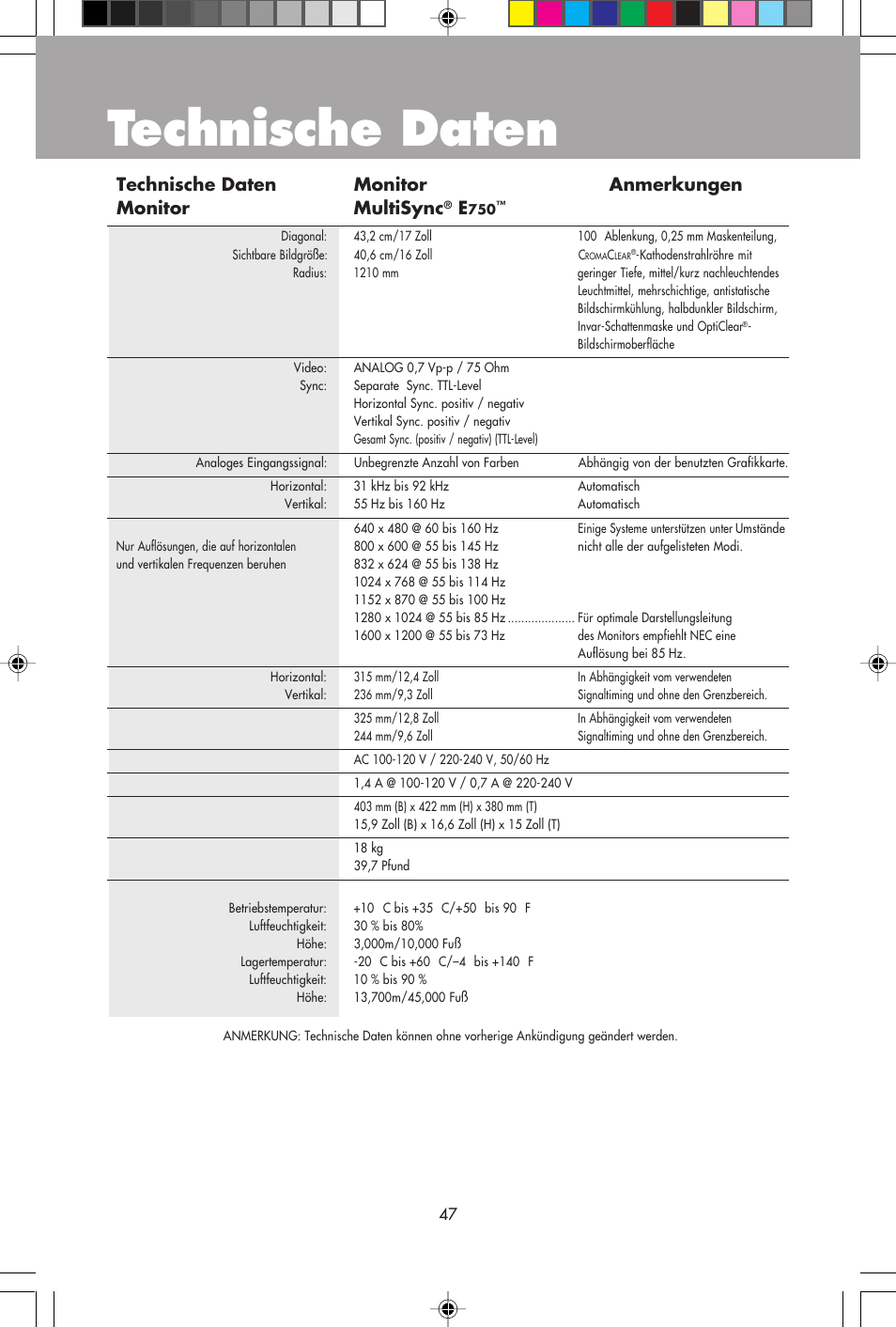 Technische daten | NEC E750 User Manual | Page 49 / 60