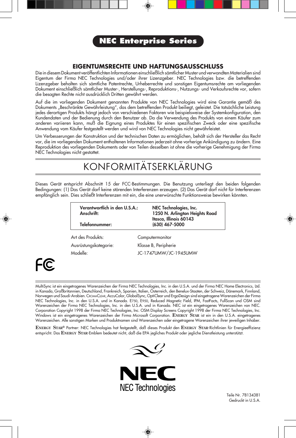 Konformitätserklärung, Nec enterprise series, Eigentumsrechte und haftungsausschluss | NEC E750 User Manual | Page 58 / 60