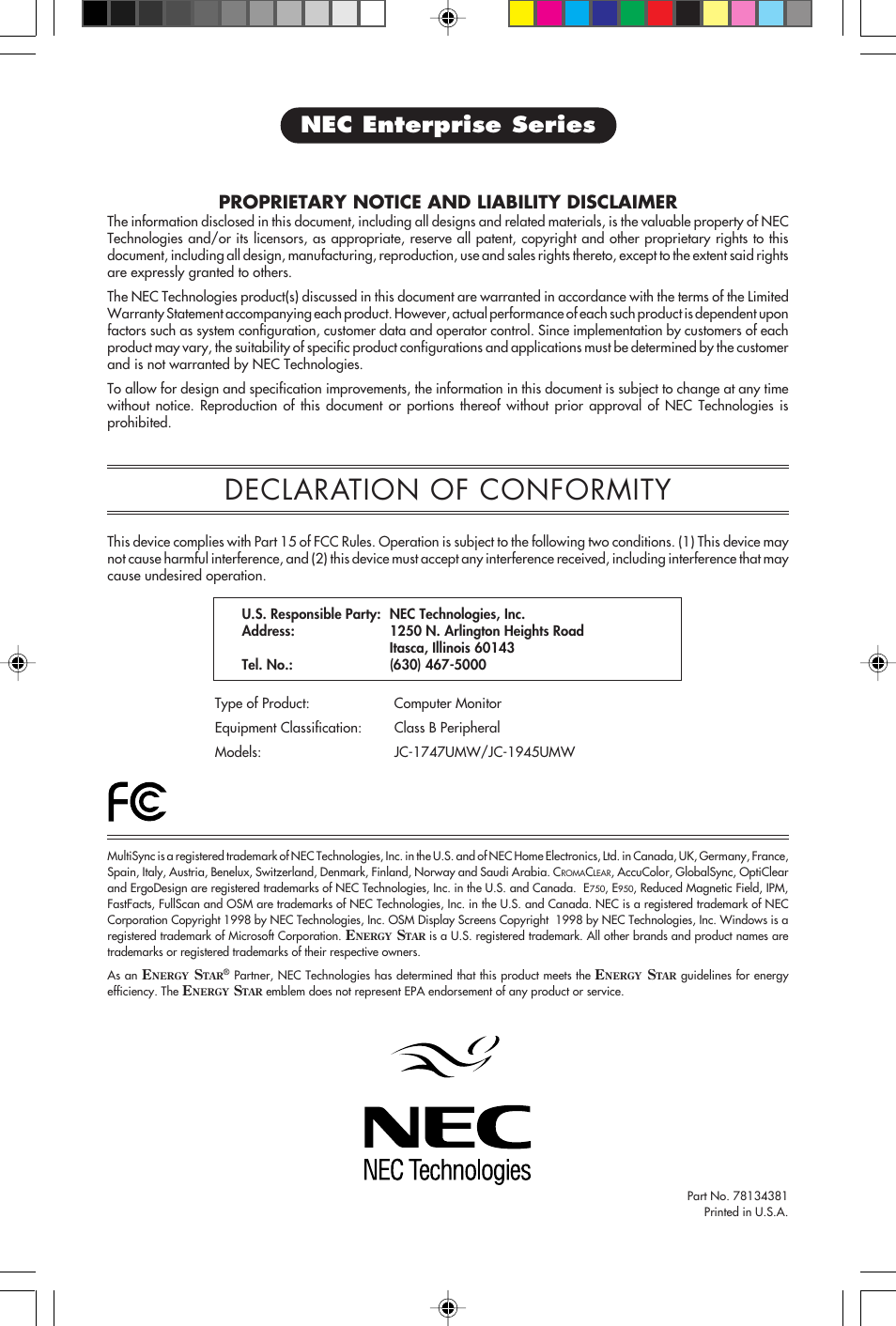 Declaration of conformity, Nec enterprise series, Proprietary notice and liability disclaimer | NEC E750 User Manual | Page 60 / 60