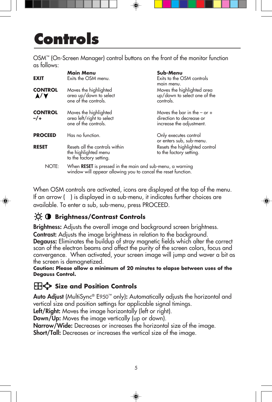 Controls | NEC E750 User Manual | Page 7 / 60