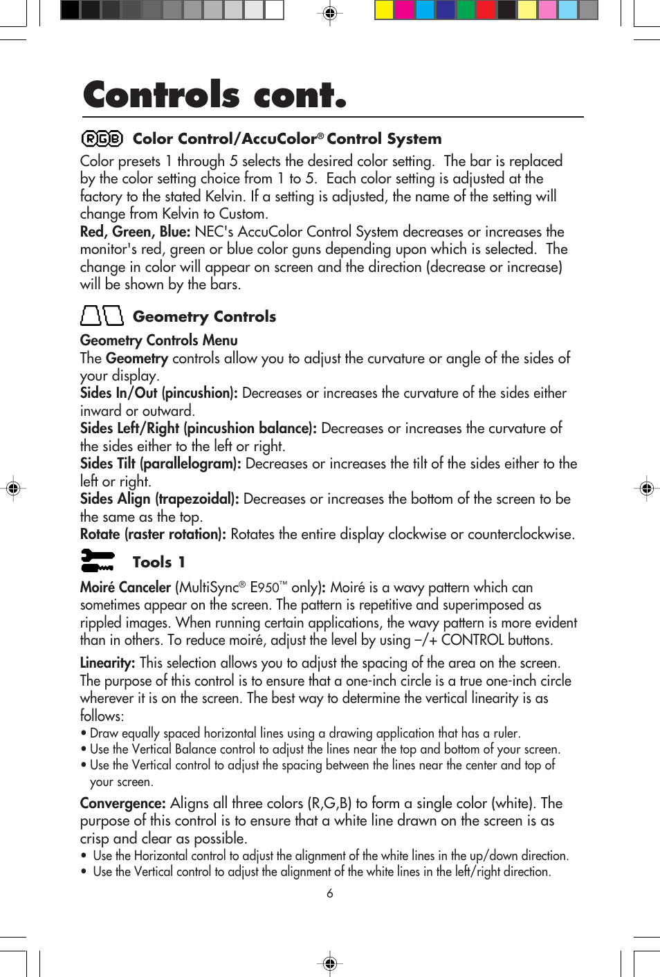 Controls cont | NEC E750 User Manual | Page 8 / 60