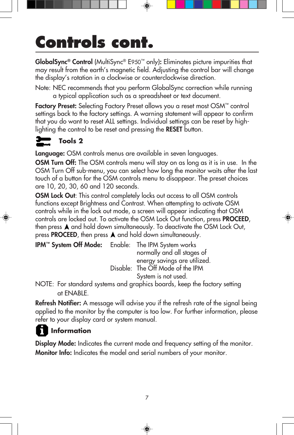 Controls cont | NEC E750 User Manual | Page 9 / 60