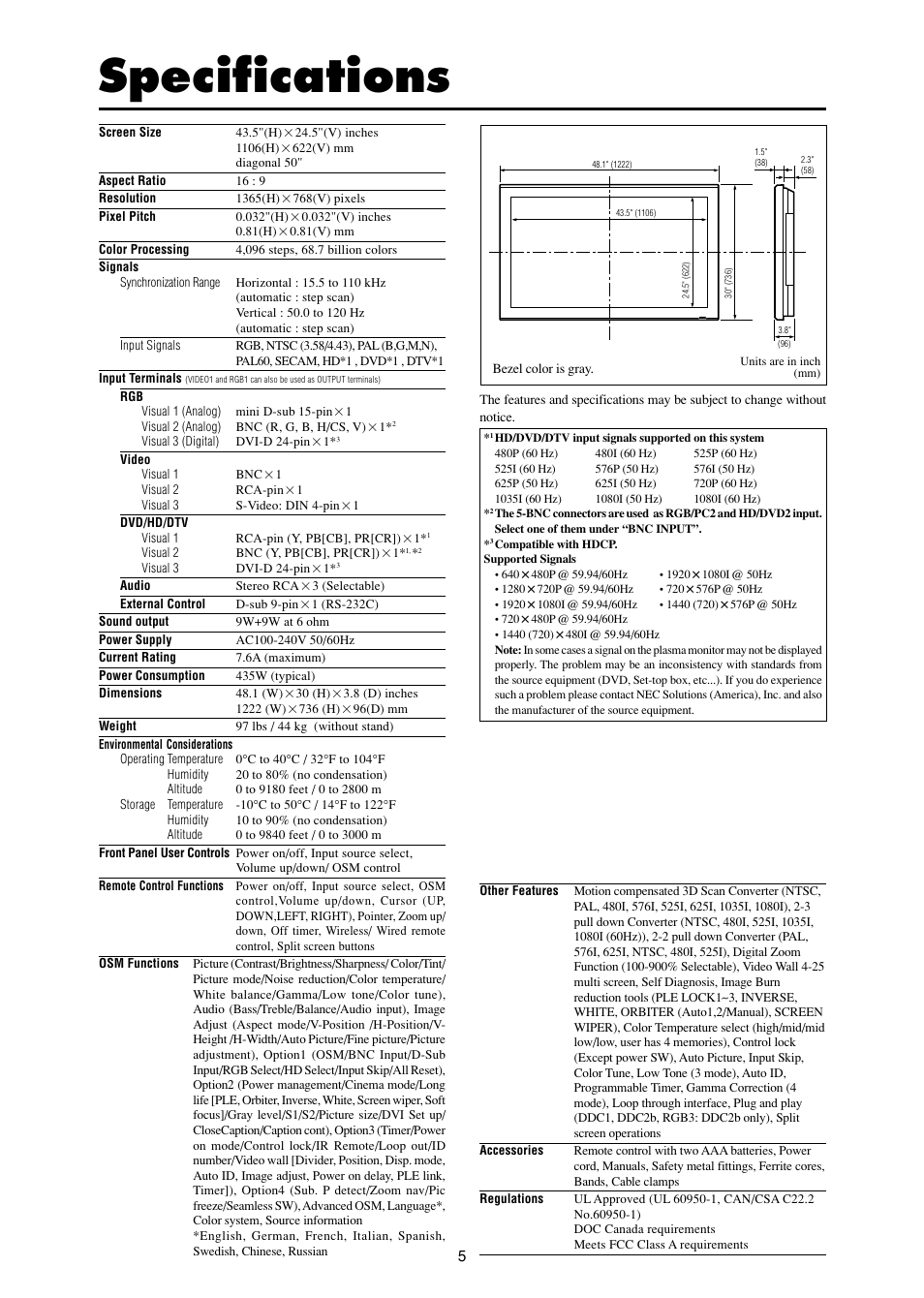 Specifications | NEC PX-50XM4A User Manual | Page 5 / 8