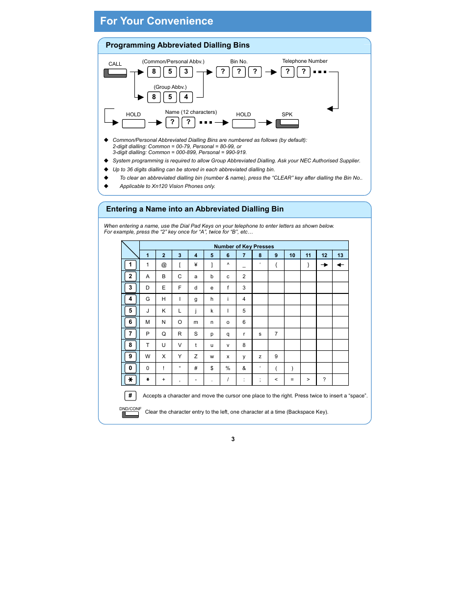 For your convenience, Programming abbreviated dialling bins, Entering a name into an abbreviated dialling bin | NEC Xn120 Talk User Manual | Page 4 / 12