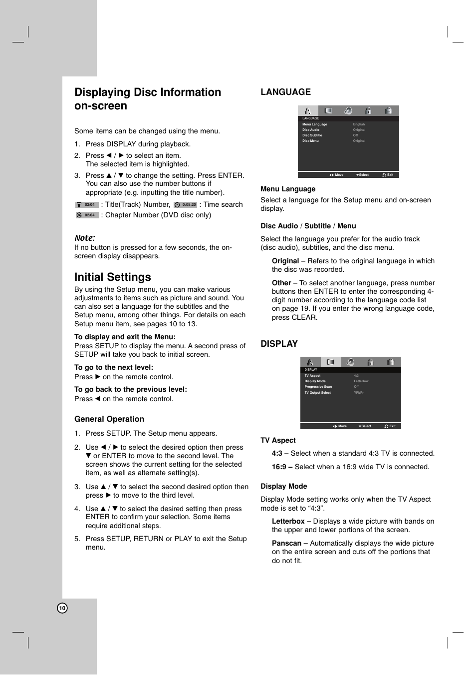 Displaying disc information on-screen, Initial settings, Language | Display, General operation | NEC NDV-28 User Manual | Page 10 / 23