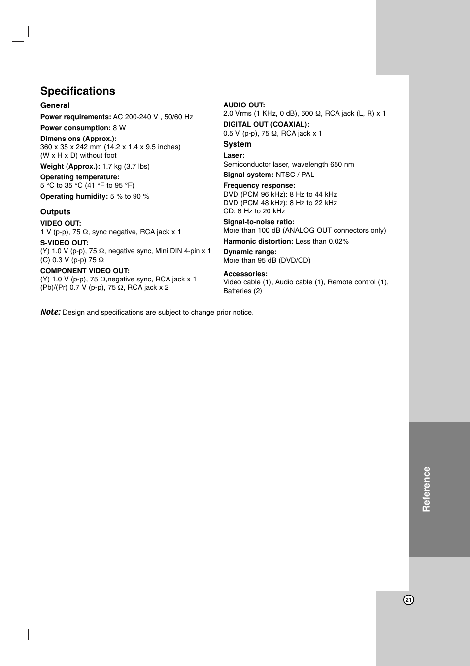 Specifications, Reference | NEC NDV-28 User Manual | Page 21 / 23