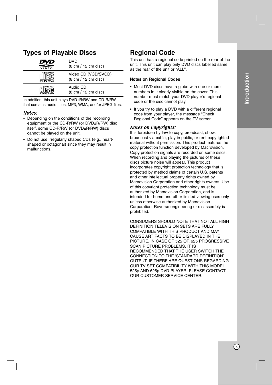Types of playable discs, Regional code, Operation reference installation and setup | Introduction | NEC NDV-28 User Manual | Page 5 / 23