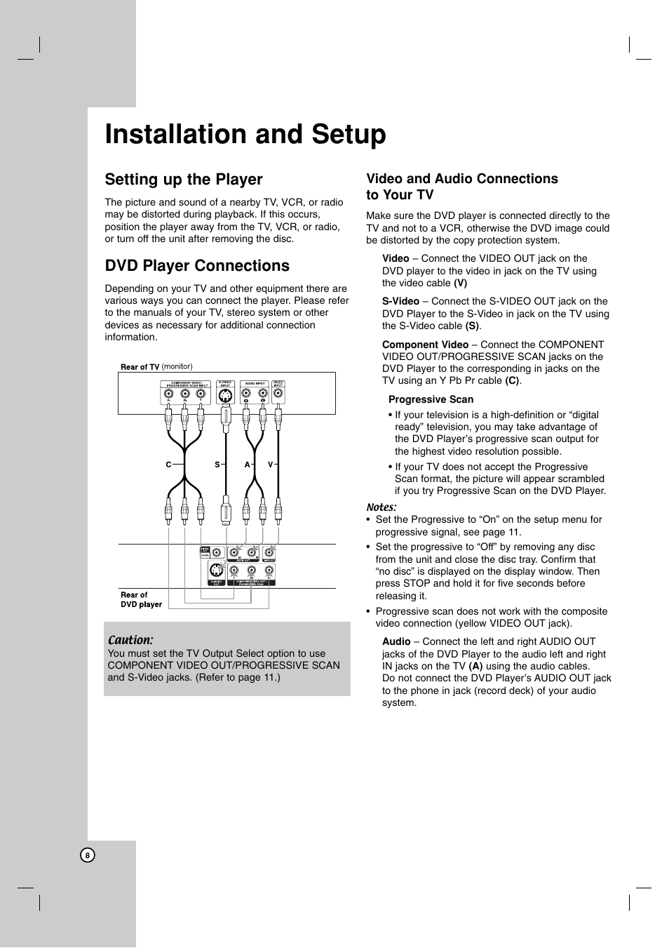 Installation and setup, Setting up the player, Dvd player connections | NEC NDV-28 User Manual | Page 8 / 23