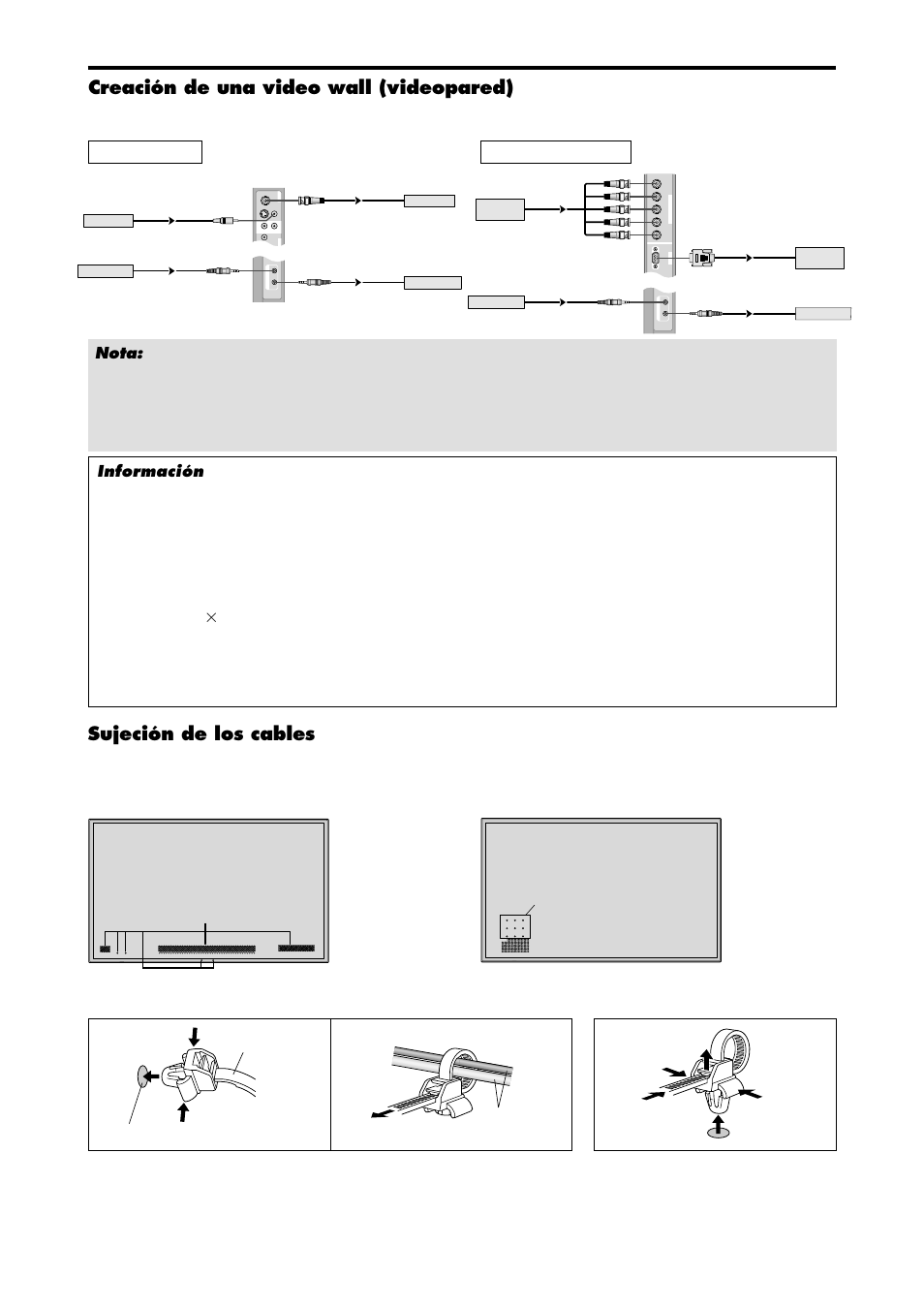 Sujeción de los cables, Creación de una video wall (videopared), Abrazaderp agujero de montaje cables | I n /out ), Mono ), Sp-6 | NEC PX-42XM4A User Manual | Page 101 / 192