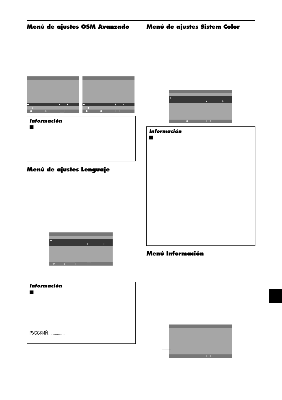 Menú de ajustes sistem color, Menú información, Menú de ajustes osm avanzado | Menú de ajustes lenguaje | NEC PX-42XM4A User Manual | Page 132 / 192