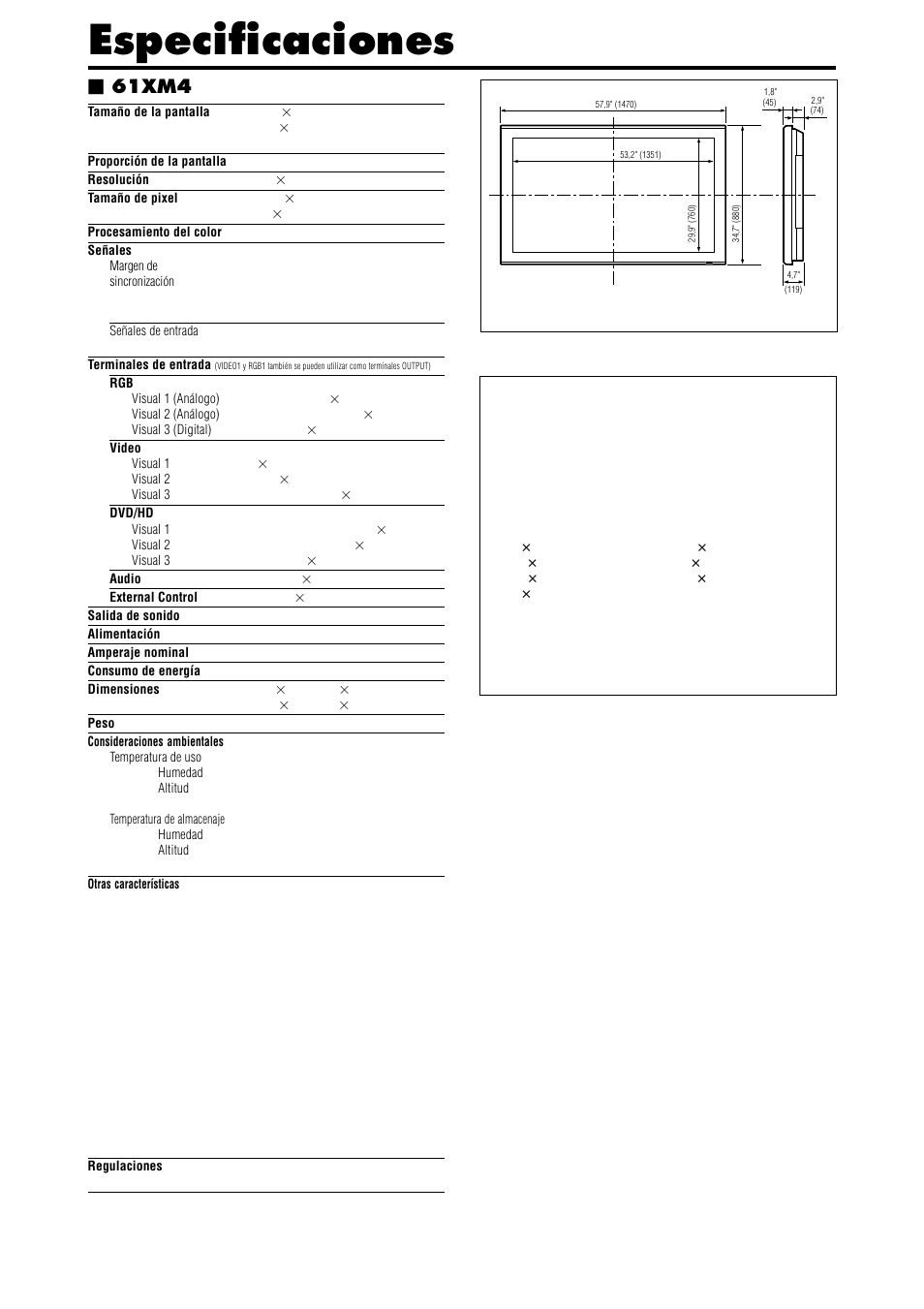 Especificaciones, 61xm4 | NEC PX-42XM4A User Manual | Page 141 / 192