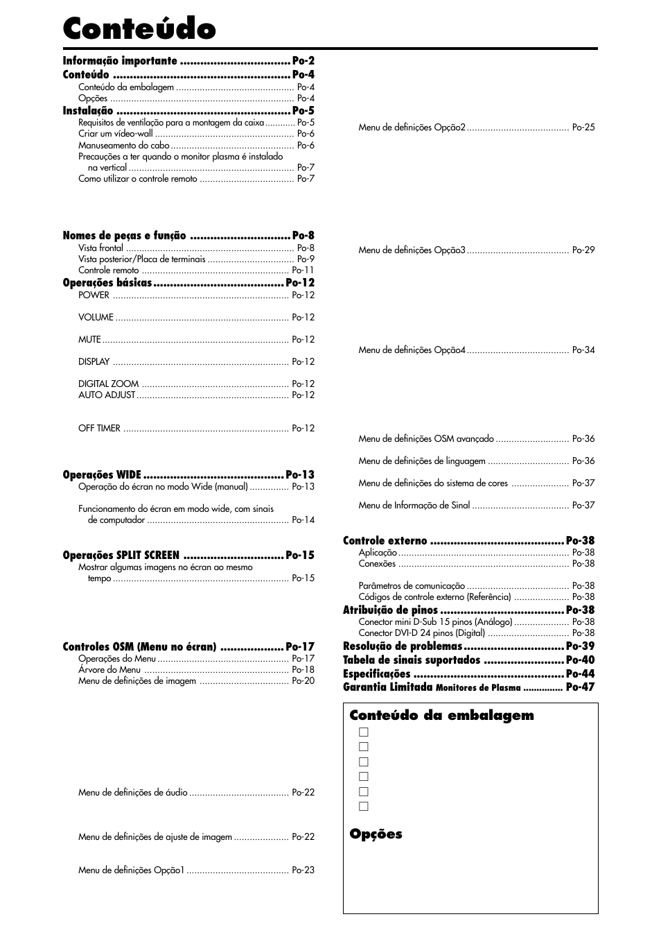 Conteúdo, Conteúdo da embalagem, Opções | NEC PX-42XM4A User Manual | Page 146 / 192