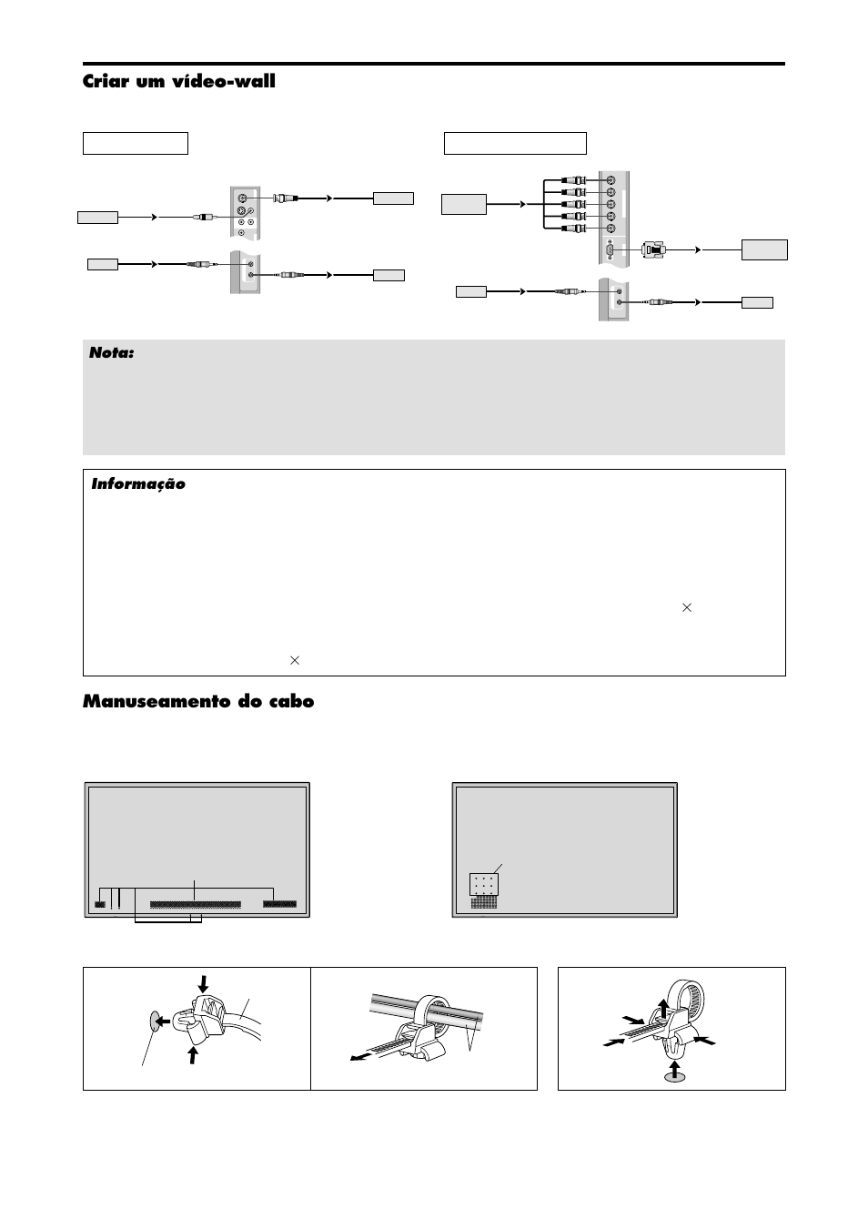 Criar um vídeo-wall, Manuseamento do cabo, Para ligar para desligar | Grampo orifício de montagem cabos, In/o u t ), Mono ), Po-6 | NEC PX-42XM4A User Manual | Page 148 / 192