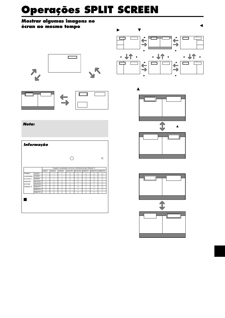 Operações split screen, Mostrar algumas imagens no écran ao mesmo tempo, Ou o botão | NEC PX-42XM4A User Manual | Page 157 / 192