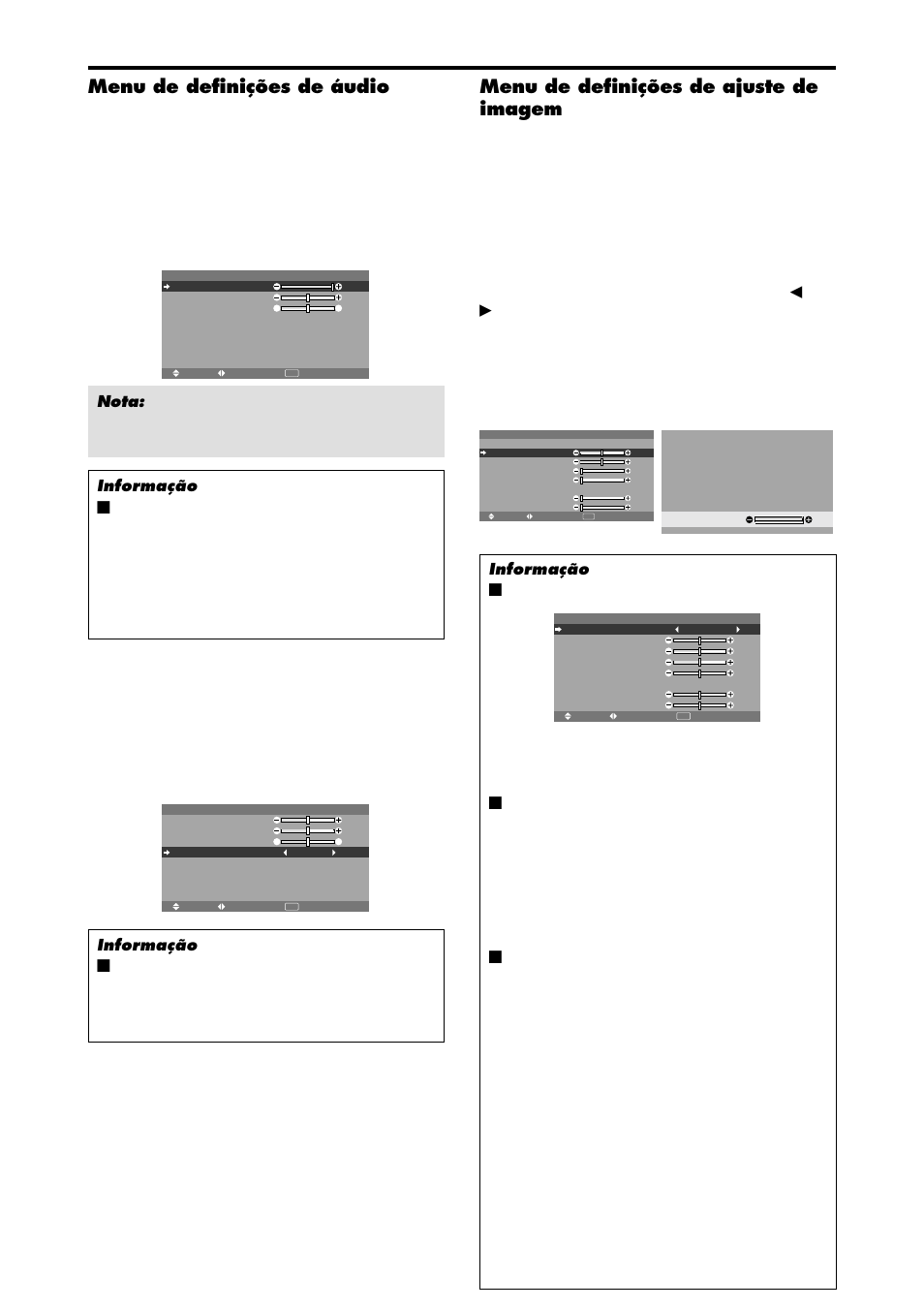 Menu de definições de áudio, Menu de definições de ajuste de imagem, É apertado | Informação Ⅵ quando “imagem auto” está “deslig | NEC PX-42XM4A User Manual | Page 164 / 192