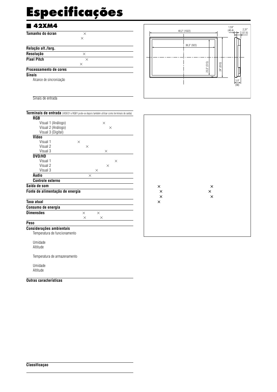 Especificações, 42xm4 | NEC PX-42XM4A User Manual | Page 186 / 192