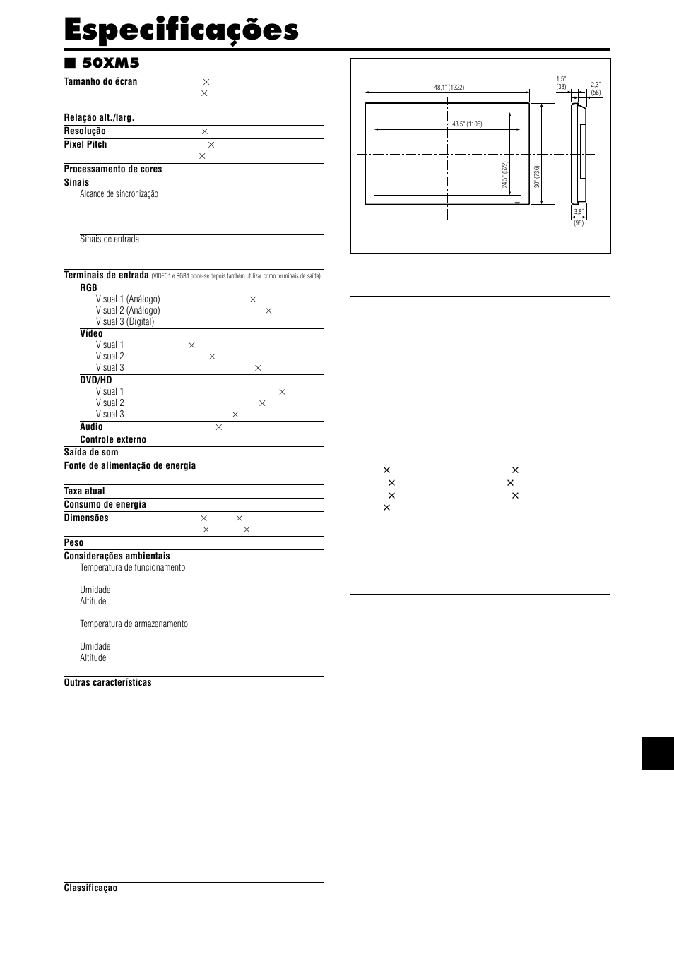 Especificações, 50xm5 | NEC PX-42XM4A User Manual | Page 187 / 192