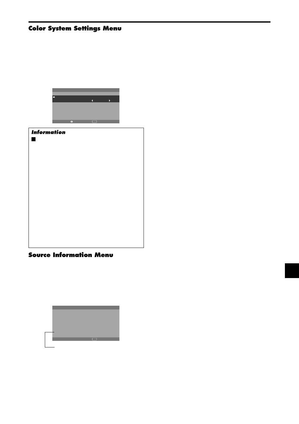 Color system settings menu, Source information menu | NEC PX-42XM4A User Manual | Page 38 / 192