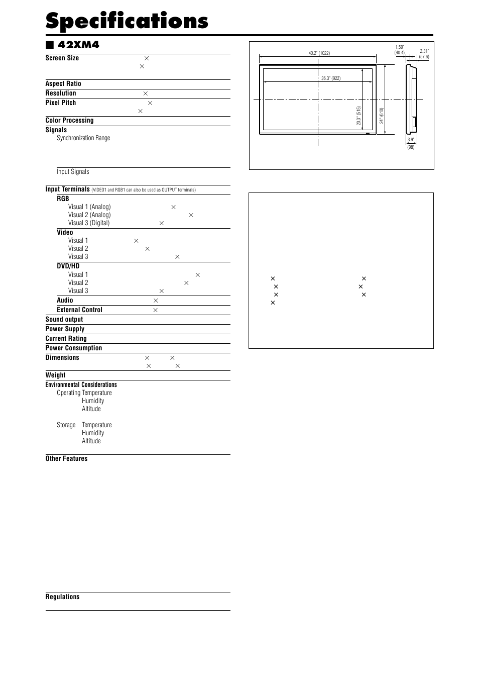 Specifications, 42xm4 | NEC PX-42XM4A User Manual | Page 45 / 192