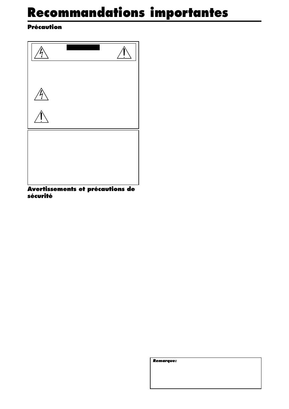 Recommandations importantes, Précaution, Avertissements et précautions de sécurité | NEC PX-42XM4A User Manual | Page 50 / 192