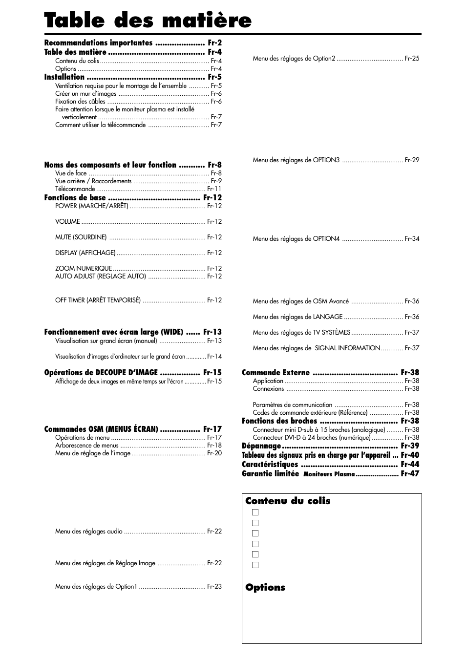 Table des matière, Contenu du colis, Options | NEC PX-42XM4A User Manual | Page 52 / 192