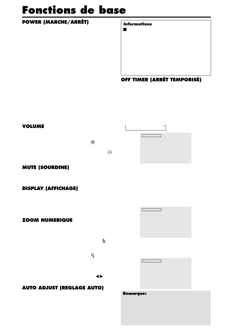 Fonctions de base, Power (marche/arrêt), Volume | Mute (sourdine), Display (affichage), Zoom numerique, Auto adjust (reglage auto), Off timer (arrêt temporisé) | NEC PX-42XM4A User Manual | Page 60 / 192