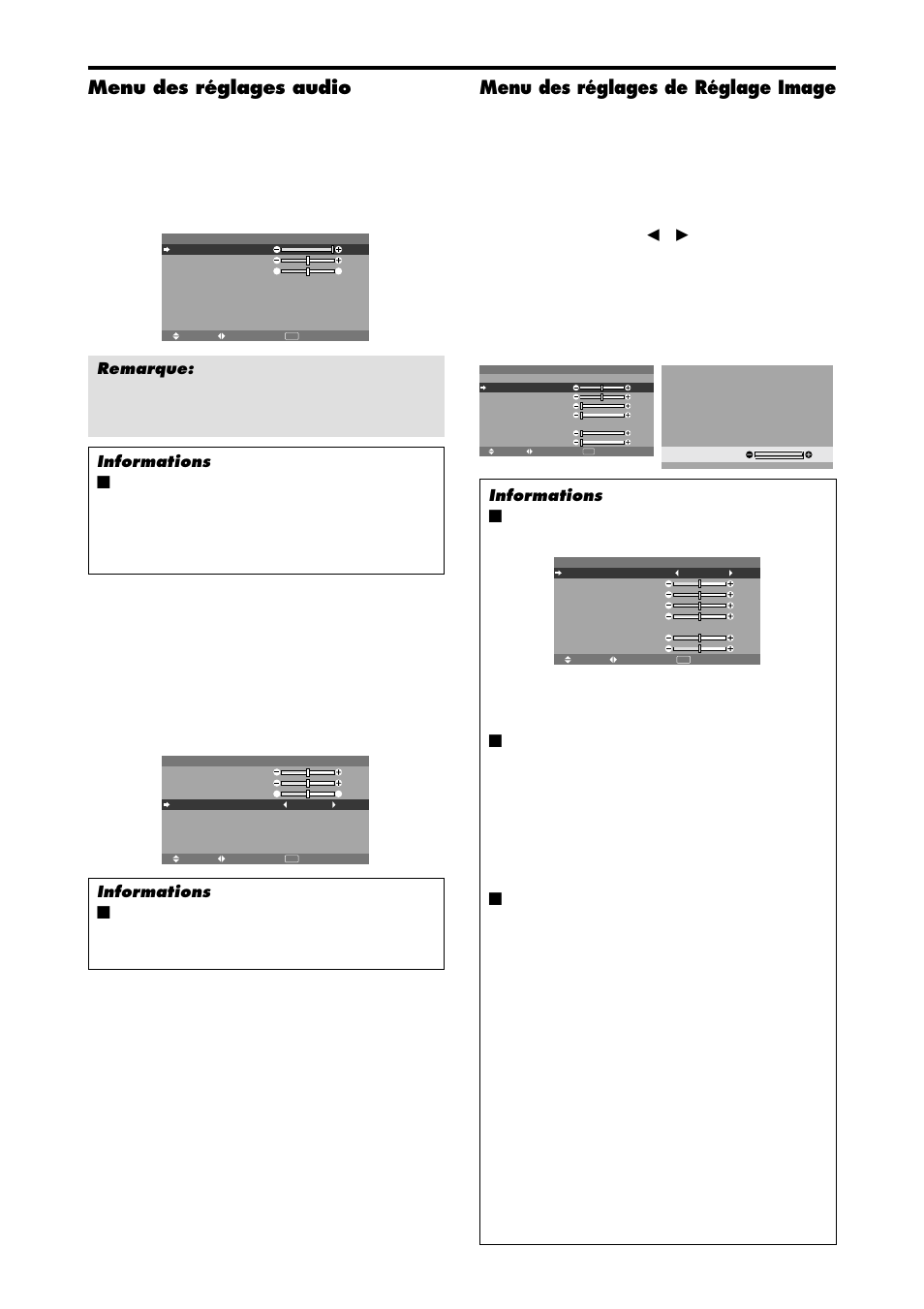 Menu des réglages audio, Menu des réglages de réglage image, Les modes défilent dans la séquence suivante | NEC PX-42XM4A User Manual | Page 70 / 192