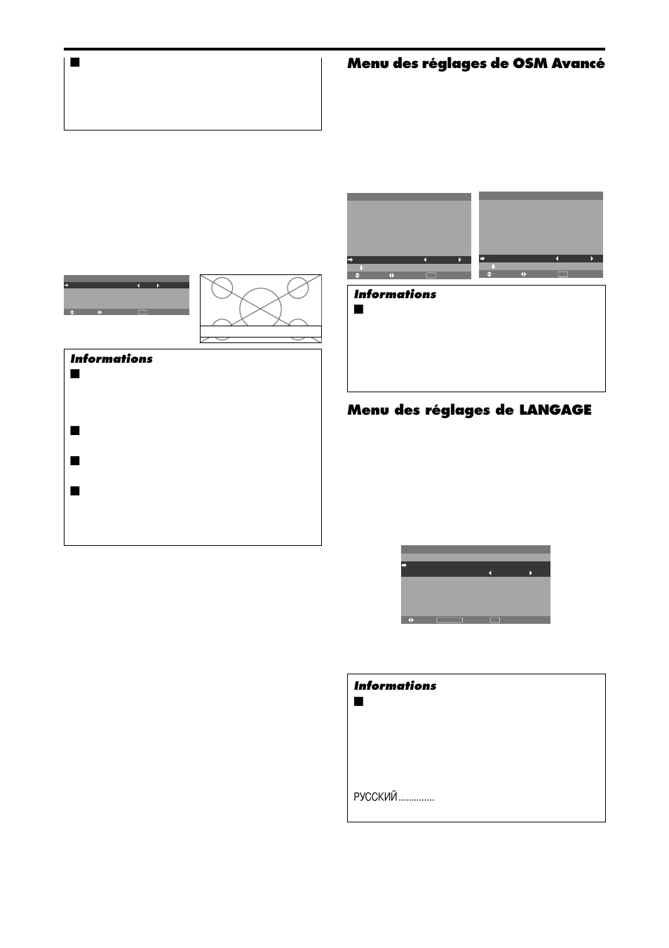 Menu des réglages de osm avancé, Menu des réglages de langage | NEC PX-42XM4A User Manual | Page 84 / 192