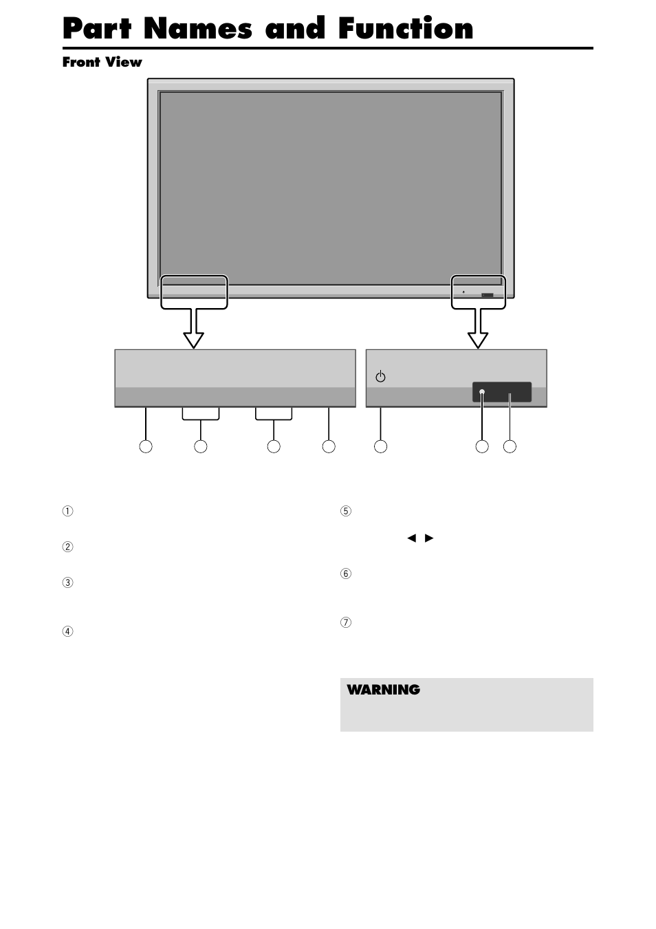 Part names and function, Front view, Warning | NEC PX-42XM4A User Manual | Page 9 / 192