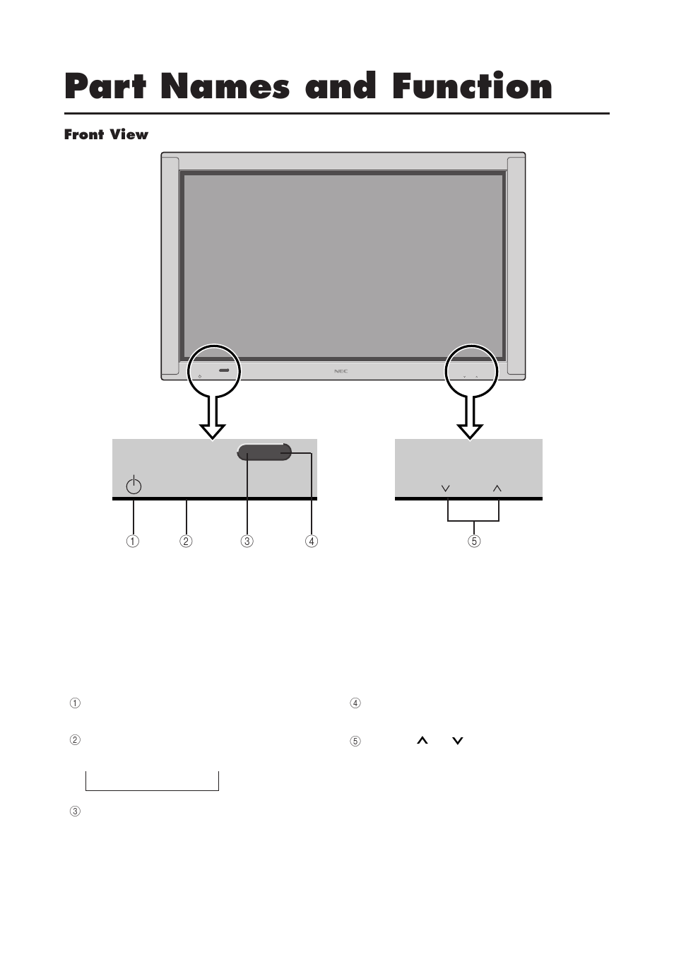 Part names and function, Front view | NEC 4200W User Manual | Page 8 / 44