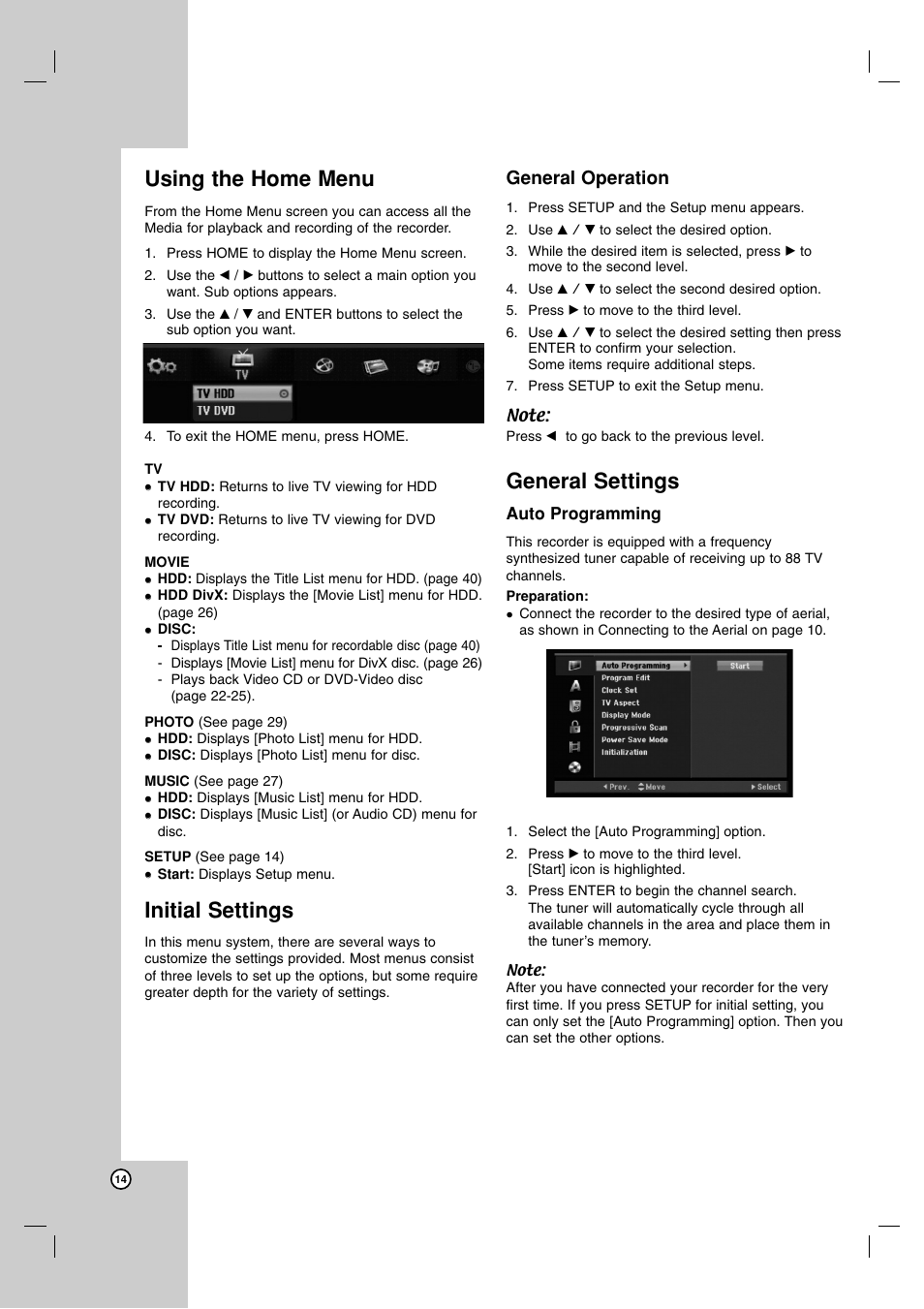 Using the home menu, Initial settings, General settings | General operation | NEC NDH-81 NDH-161 User Manual | Page 14 / 57