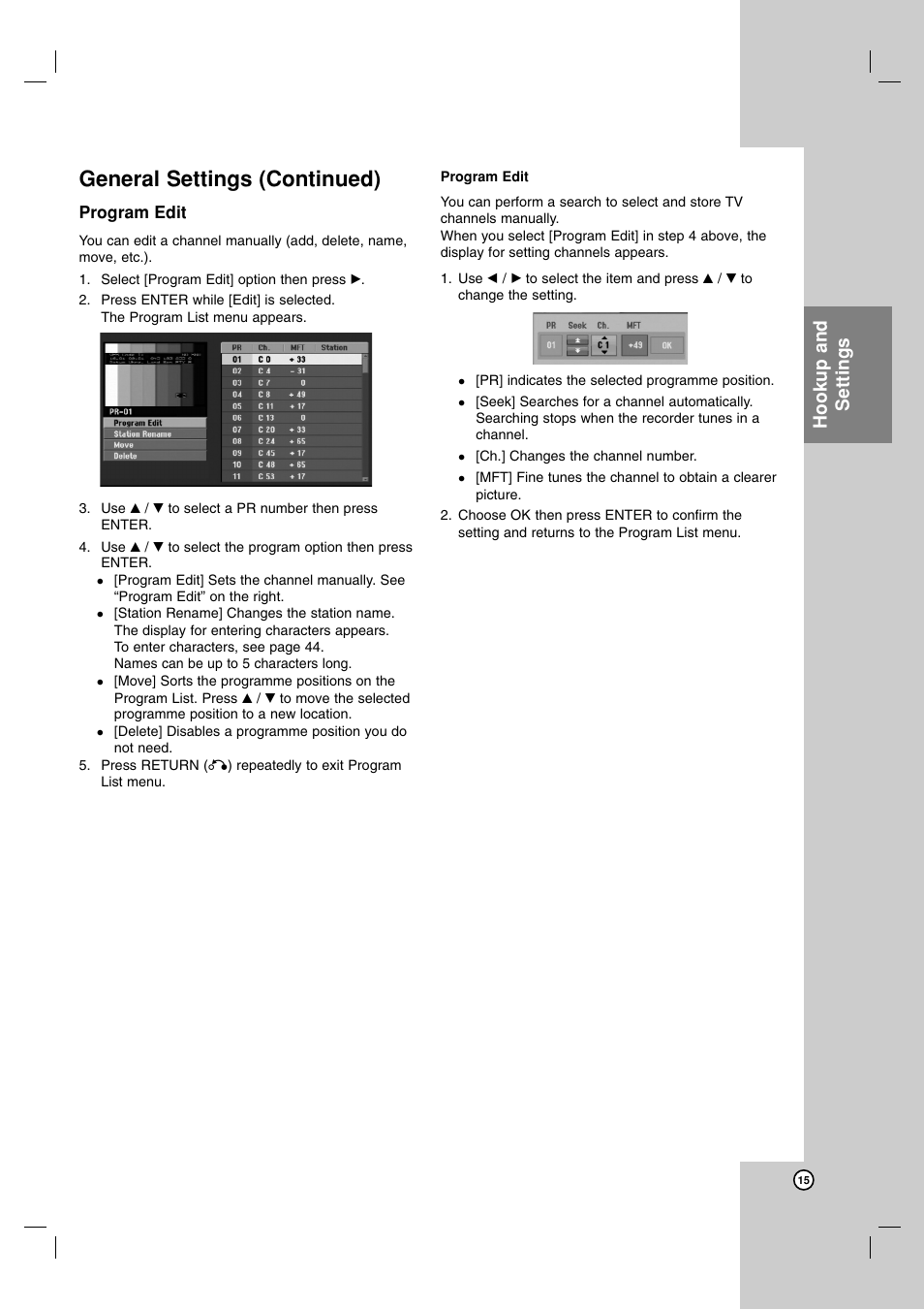 General settings (continued), Hookup and settings | NEC NDH-81 NDH-161 User Manual | Page 15 / 57