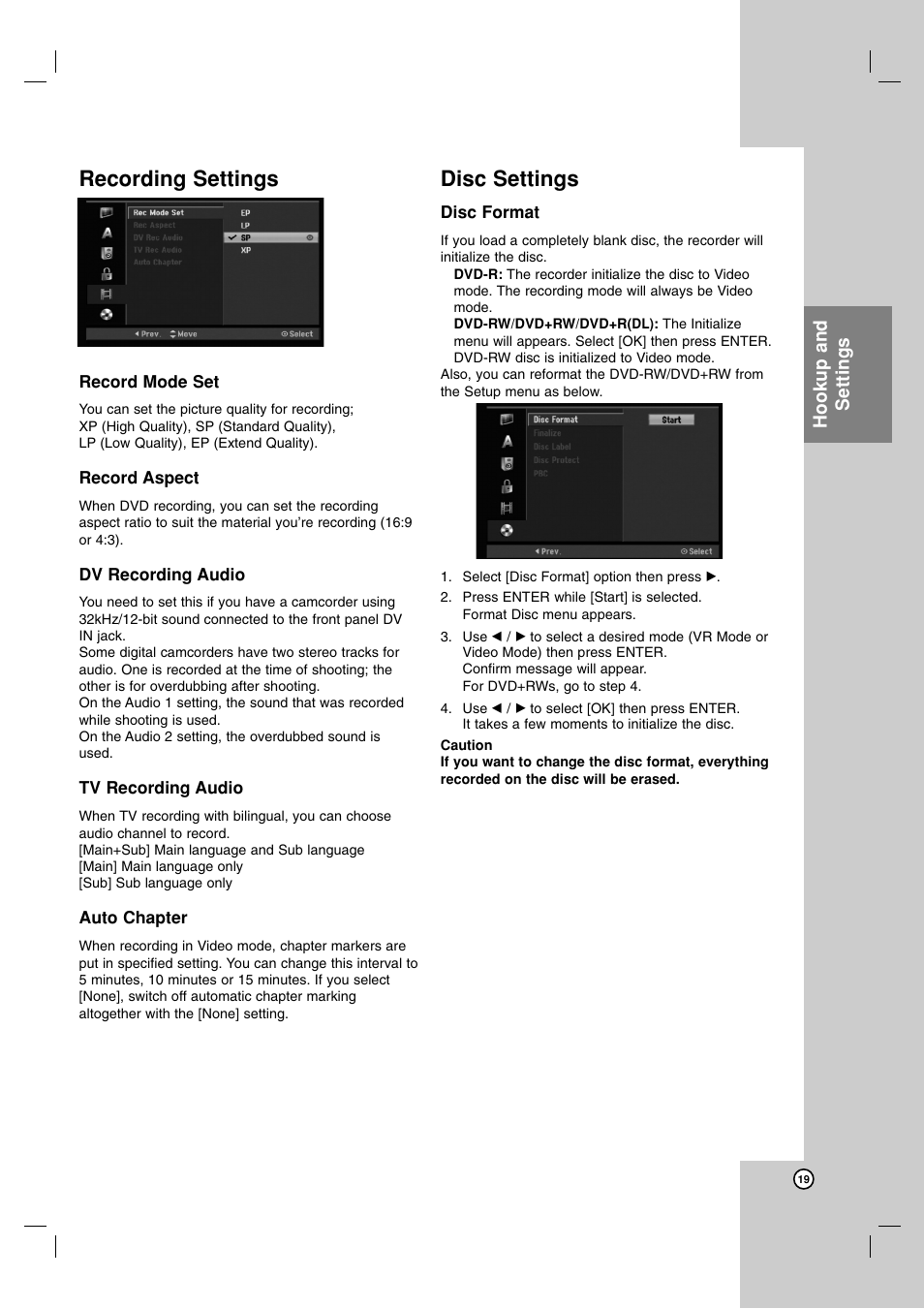 Recording settings, Disc settings, Hookup and settings | NEC NDH-81 NDH-161 User Manual | Page 19 / 57