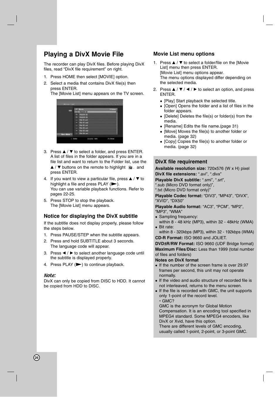 Playing a divx movie file | NEC NDH-81 NDH-161 User Manual | Page 26 / 57