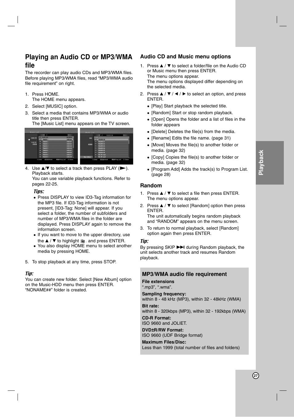 Playing an audio cd or mp3/wma file, Playback | NEC NDH-81 NDH-161 User Manual | Page 27 / 57