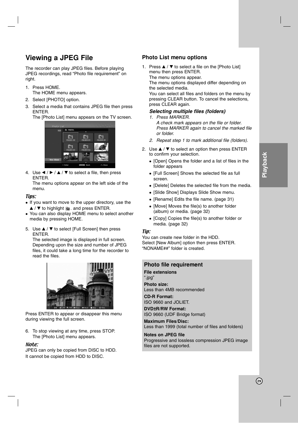 Viewing a jpeg file, Playback | NEC NDH-81 NDH-161 User Manual | Page 29 / 57