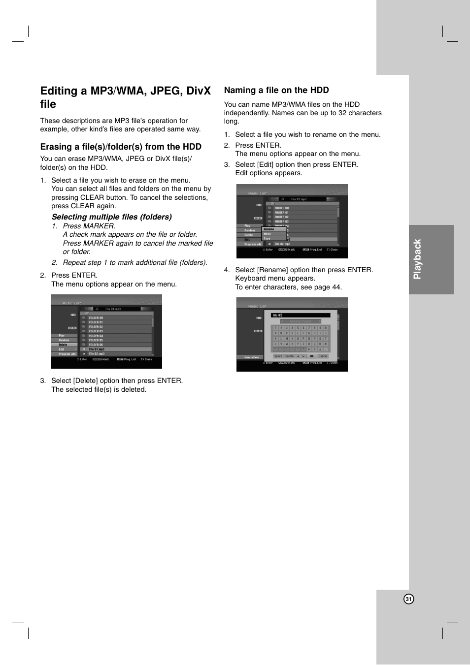 Editing a mp3/wma, jpeg, divx file, Playback | NEC NDH-81 NDH-161 User Manual | Page 31 / 57