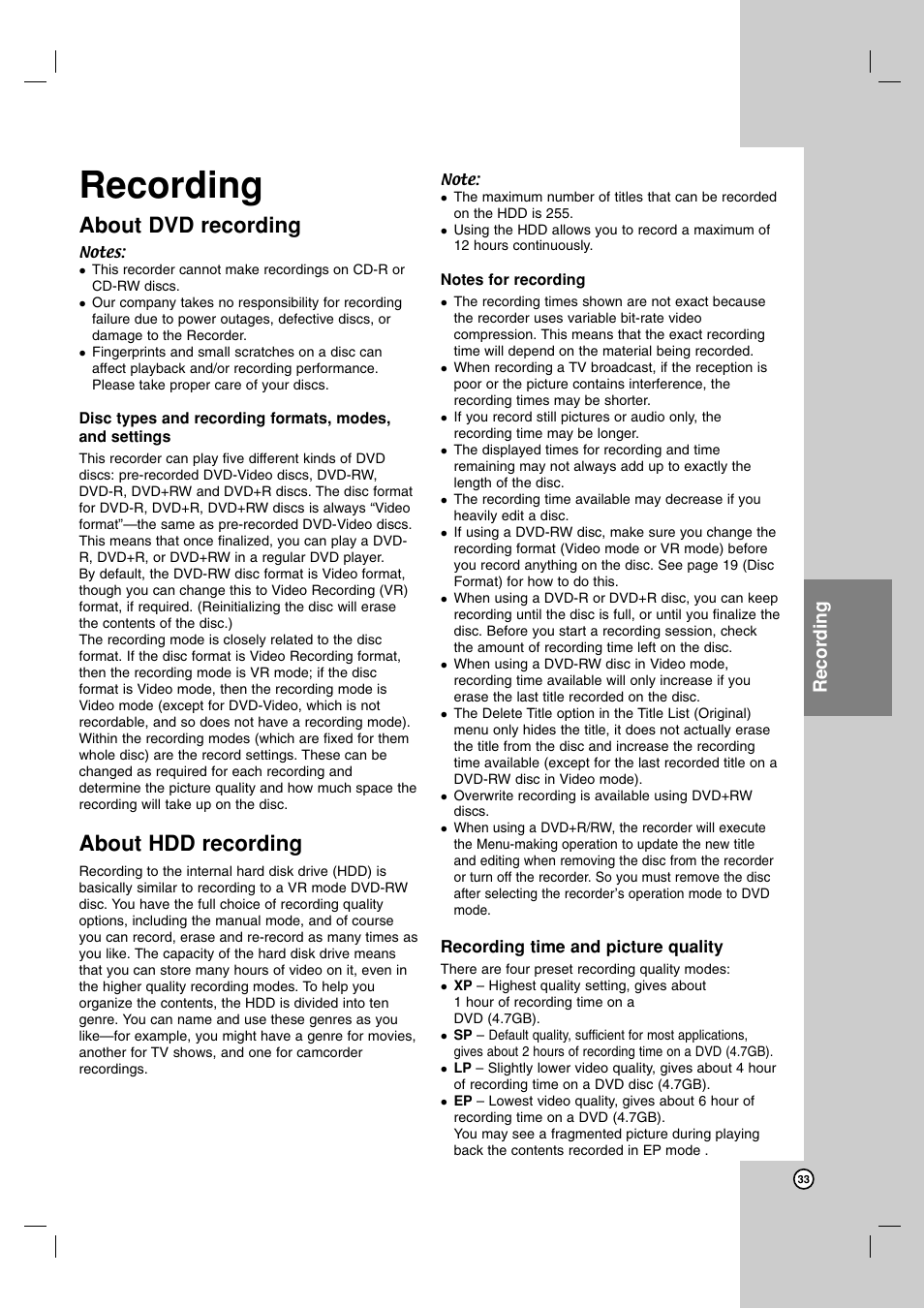 Recording, About dvd recording, About hdd recording | NEC NDH-81 NDH-161 User Manual | Page 33 / 57