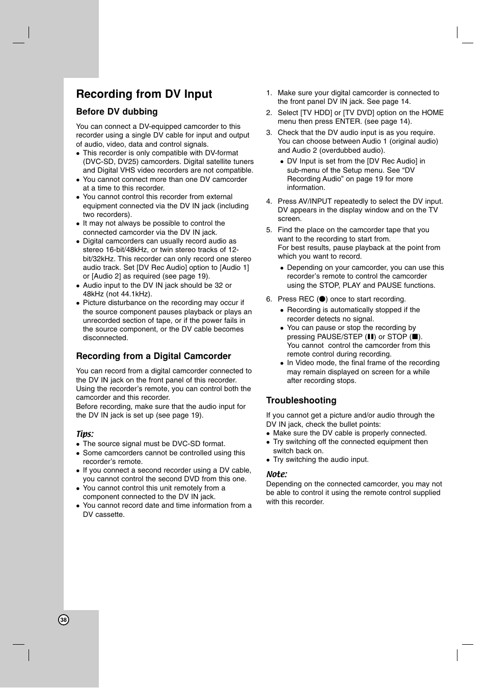 Recording from dv input | NEC NDH-81 NDH-161 User Manual | Page 38 / 57