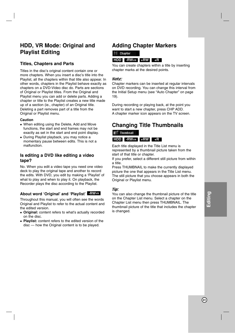 Hdd, vr mode: original and playlist editing, Adding chapter markers, Changing title thumbnails | Editing | NEC NDH-81 NDH-161 User Manual | Page 41 / 57