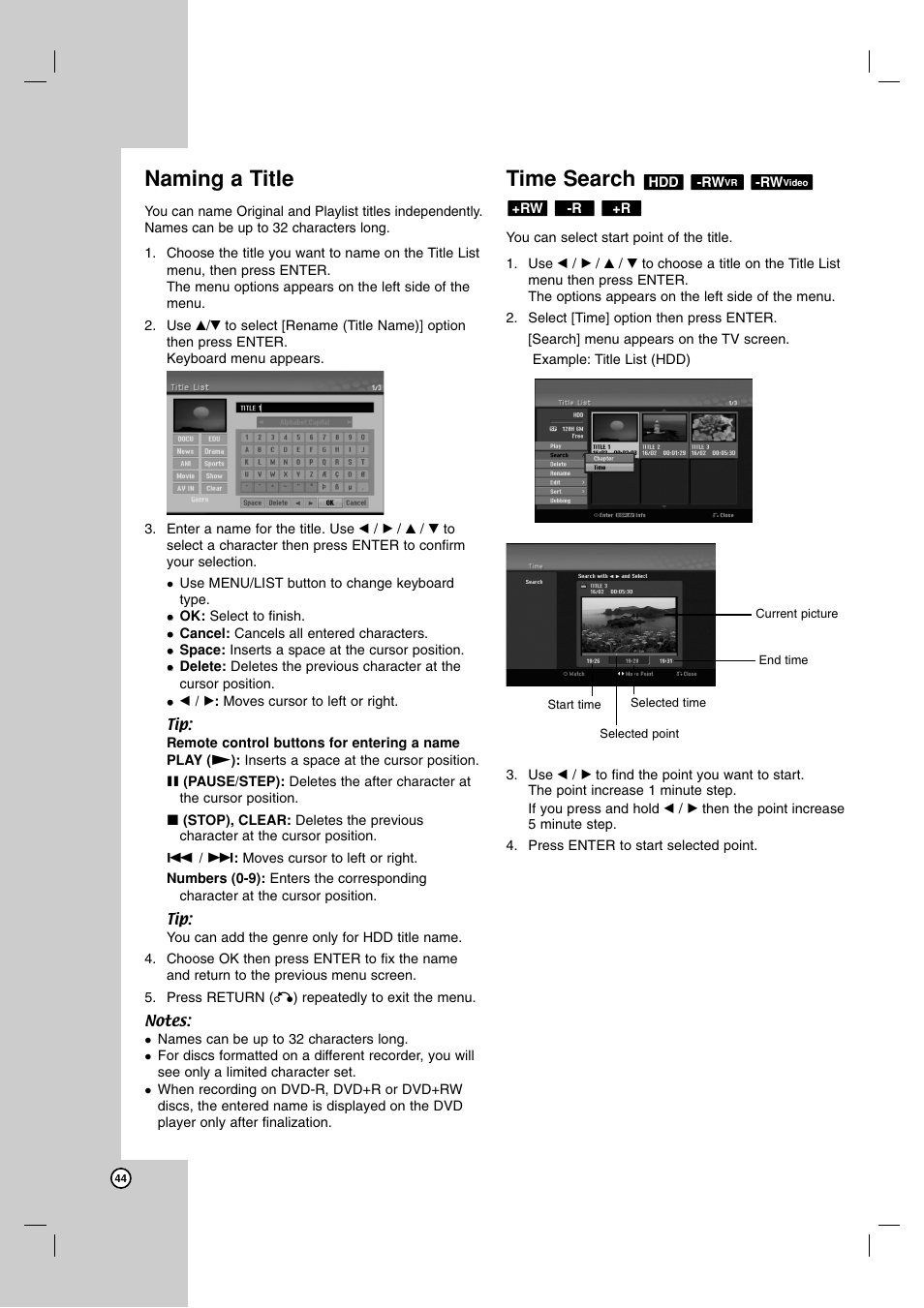 Naming a title, Time search | NEC NDH-81 NDH-161 User Manual | Page 44 / 57