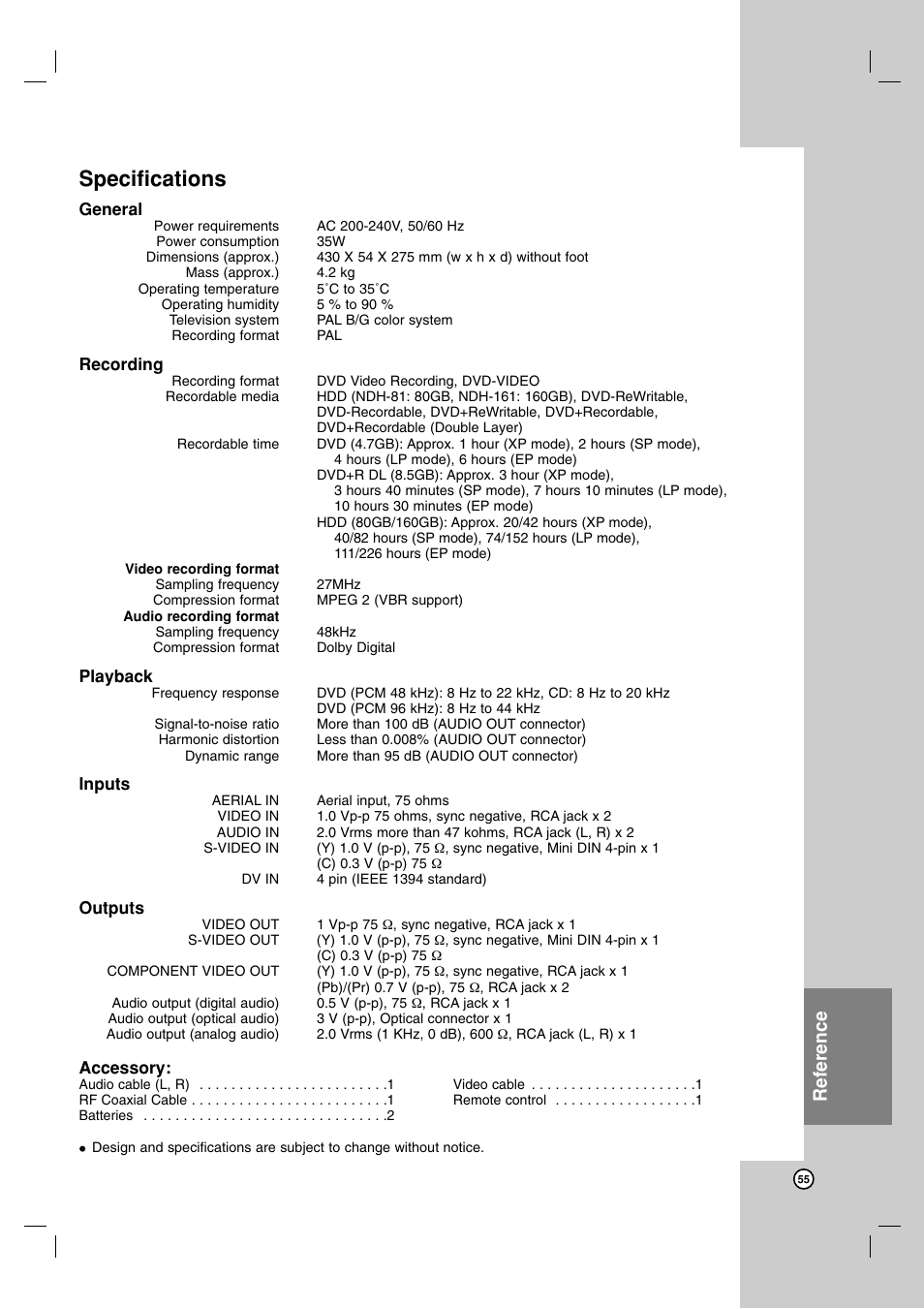 Specifications, Reference | NEC NDH-81 NDH-161 User Manual | Page 55 / 57