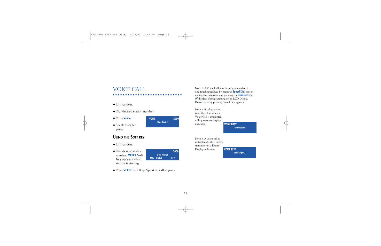 Voice call | NEC 2400IPX User Manual | Page 20 / 55