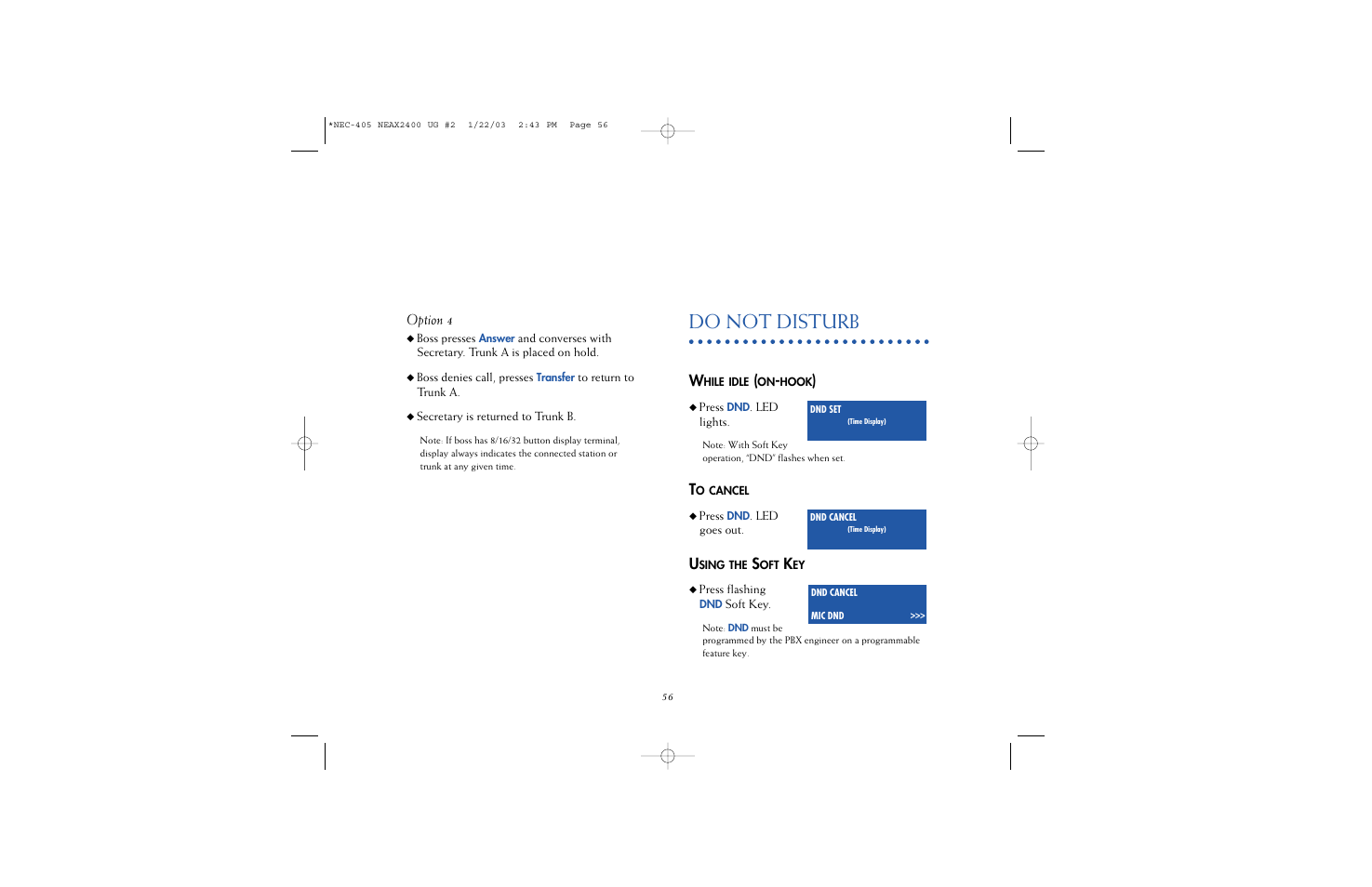 Do not disturb, Option 4 | NEC 2400IPX User Manual | Page 39 / 55