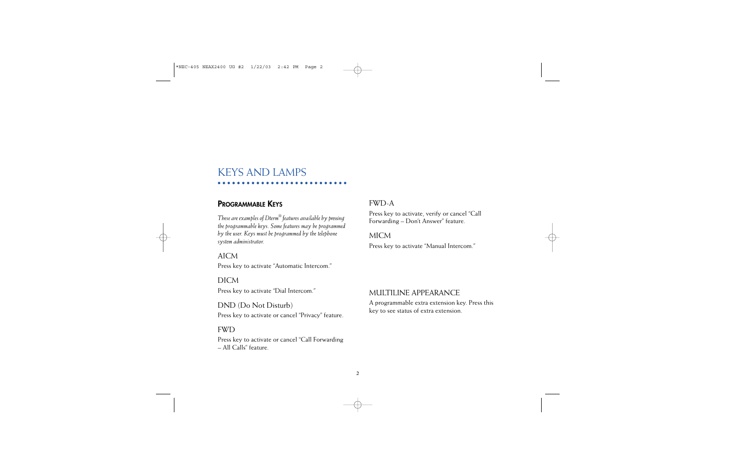 Keys and lamps | NEC 2400IPX User Manual | Page 4 / 55