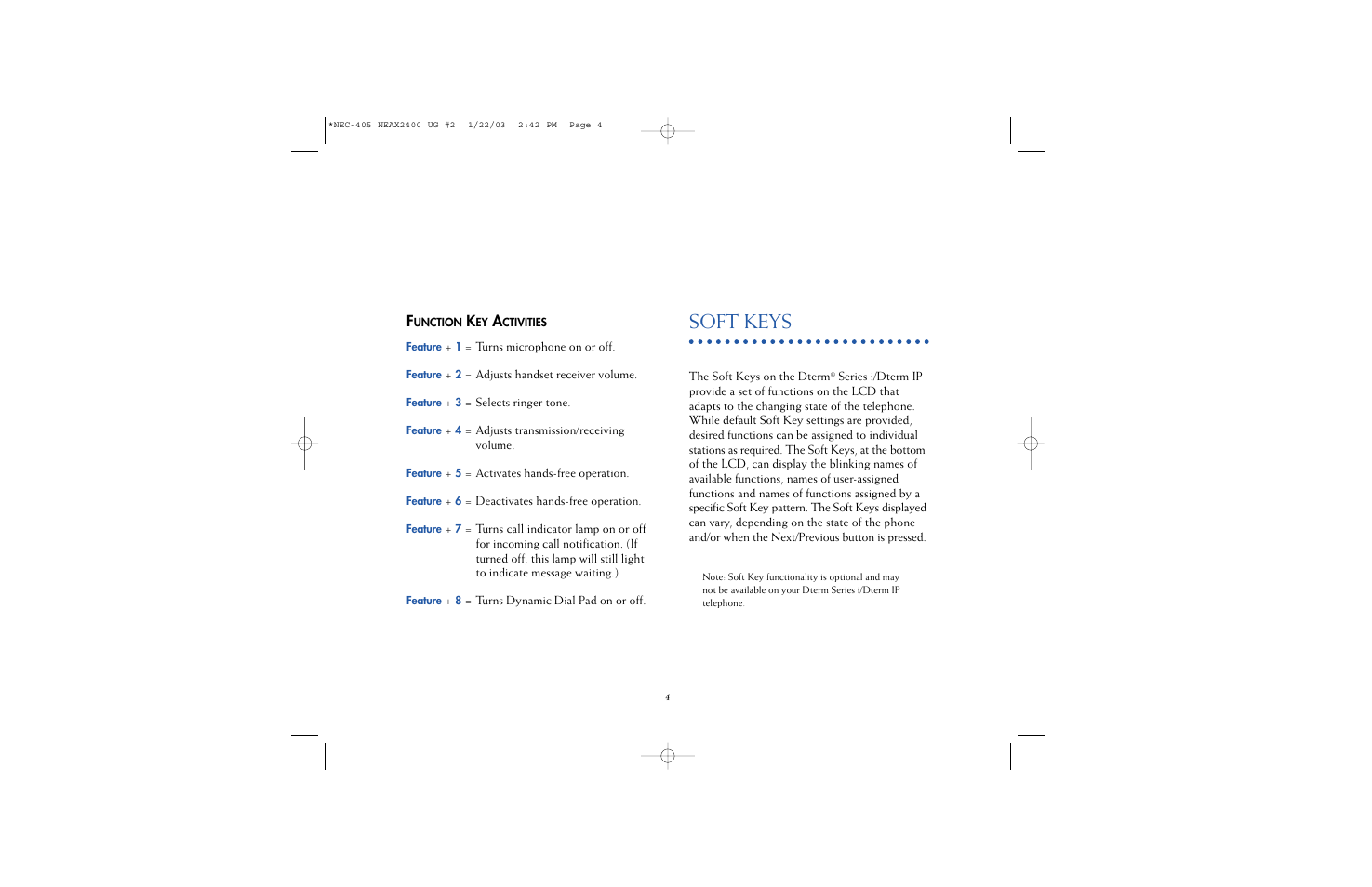 Soft keys | NEC 2400IPX User Manual | Page 6 / 55