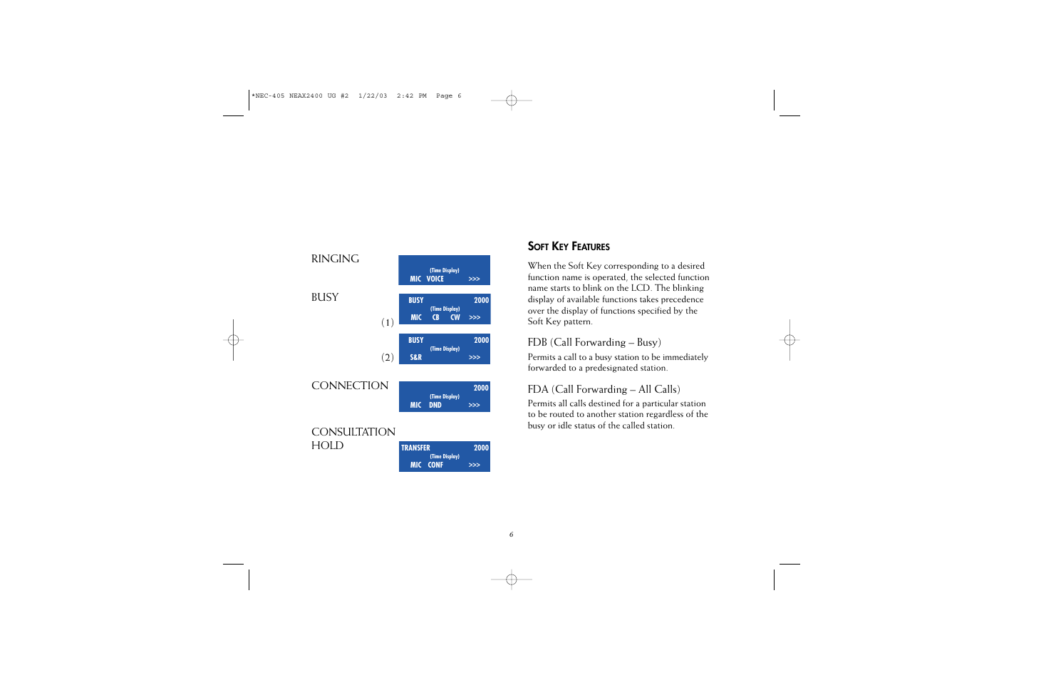 Ringing busy (1) (2) connection consultation hold, Fdb (call forwarding – busy), Fda (call forwarding – all calls) | NEC 2400IPX User Manual | Page 8 / 55