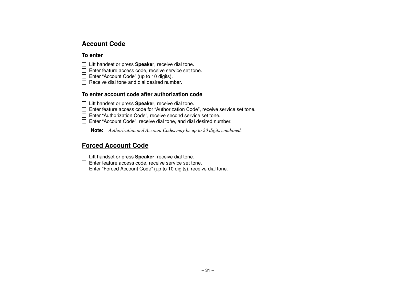 Account code, Forced account code, Account code forced account code | NEC UNIVERGE SV7000 User Manual | Page 35 / 74