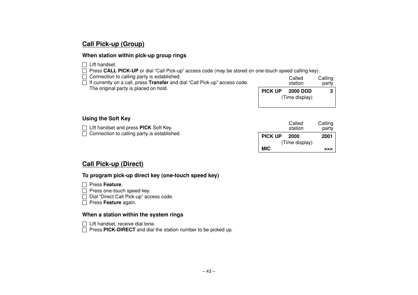 Call pick-up (group), Call pick-up (direct), Call pick-up (group) call pick-up (direct) | NEC UNIVERGE SV7000 User Manual | Page 47 / 74